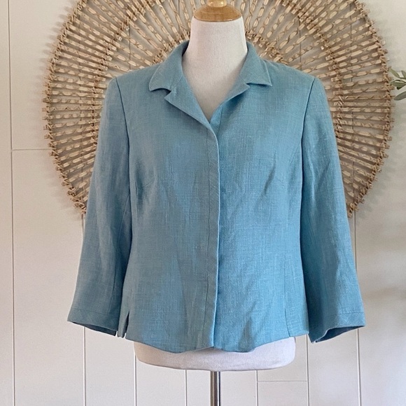 Linen Blazer AKRIS For Bergdorf Goodman Cashmere Linen Aqua Blue Blazer Size 14 - Picture 2 of 11